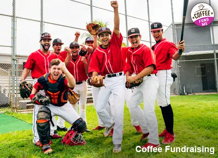 A baseball team fundraising by selling coffee to raise funds.